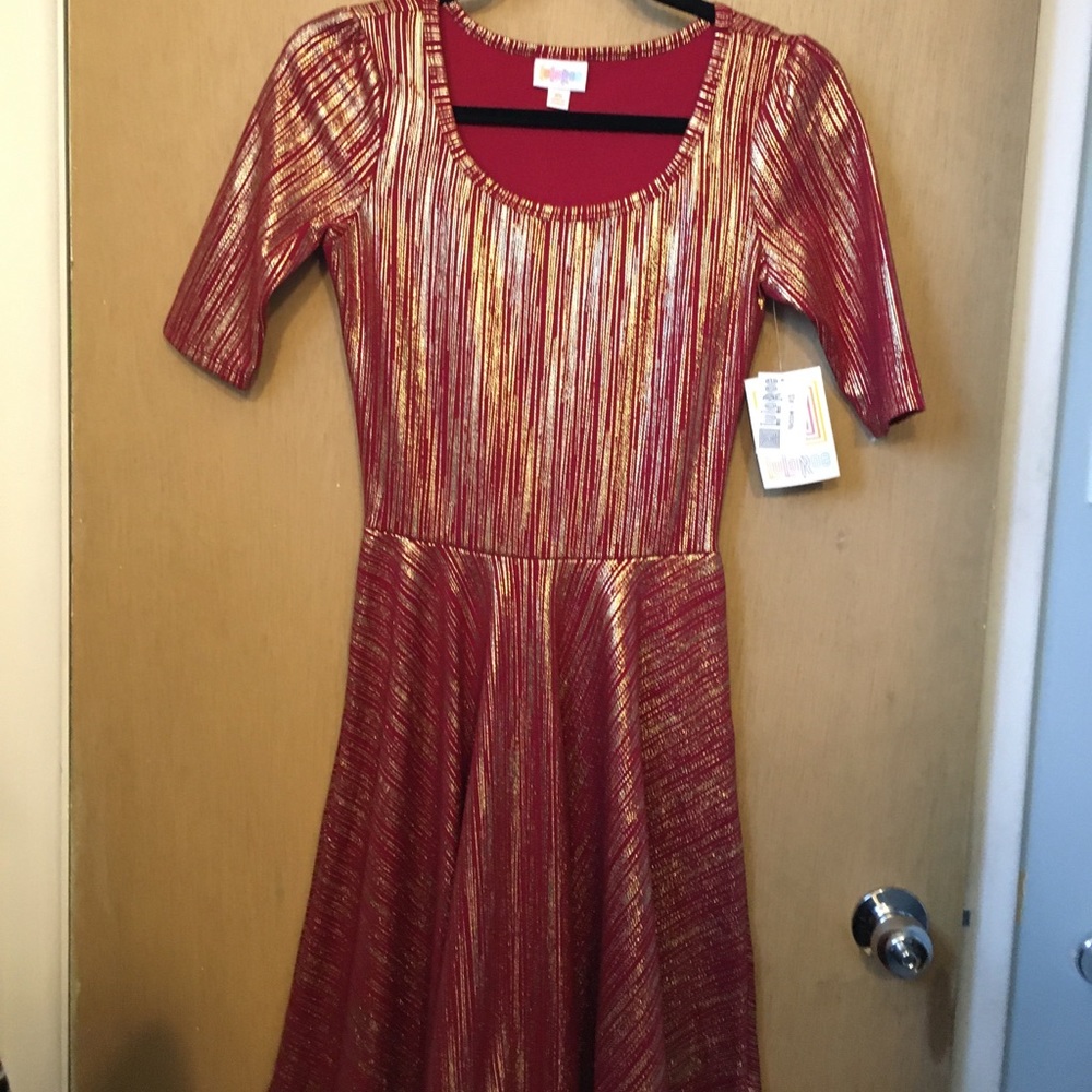 LuLaRoe XS Nicole Dress Red and Gold